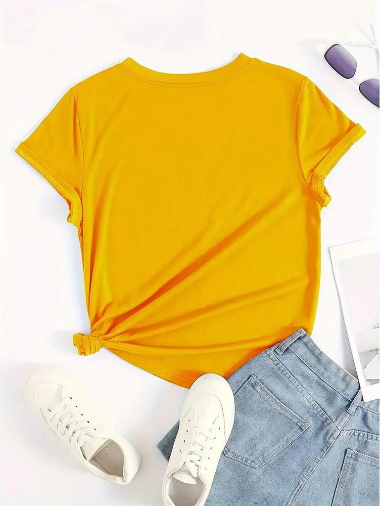 European and American Women's Yellow Short-Sleeved Top with Picture Design
