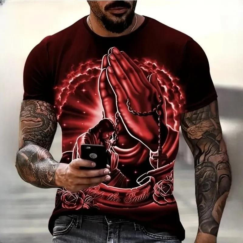 Praying Hands Faith Print Short Sleeve T-shirt, Casual Stylish Graphic Tee