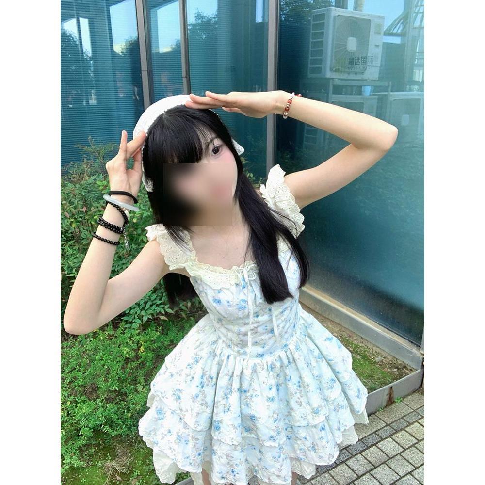 Pure Desire Sweet Spice Girl Small Flying Sleeve Gentle Floral Waist Dress Lace Splicing Pink Princess Puffy Short Skirt Women