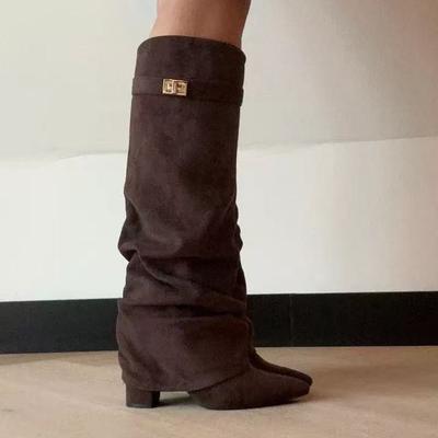 2025 buty damskie szpiczaste proste plisowane metalowa klamra średniej długości kozaki duży rozmiar gruba podeszwa kozaki do spodni