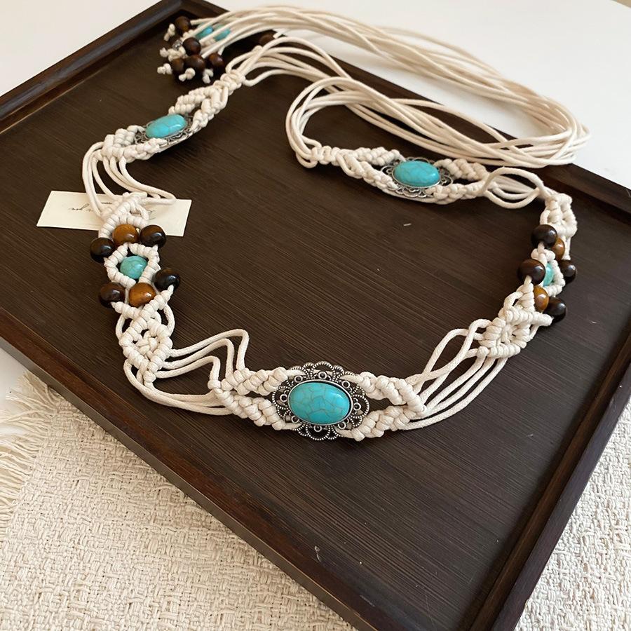 Ethnic Style Wax Rope Wood Bead Acrylic Woven Oval Waist Chain Temperament Belt Versatile Waist Jewelry