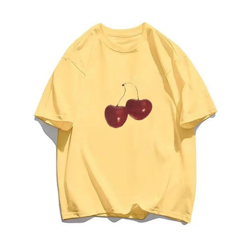 2024 Beautiful Cherry Print Summer T-Shirt Streetwear Gothic Harajuku Letter Graphic TShirt Vintage Crop Top Women's Y2K Clothes