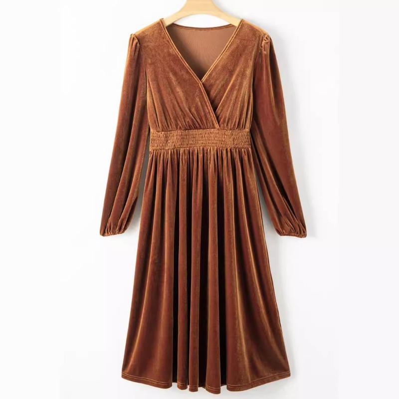 Autumn Winter Fashion V-neck Long Sleeved Dress New Solid Color Outer Wear Women Elegant Commuter Pleated High-waisted A-line Female Office Clothing