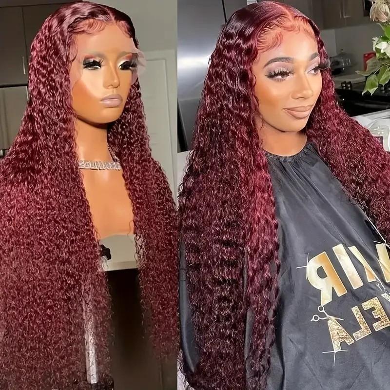 Wine Red Synthetic Lace Front Curly Wig Women Long Hair With Natural Bangs Heat Resistant Fiber