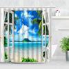 Tropical Landscape Shower Curtain 3D Open Window Ocean Beach Starfish Shell Palm Tree Scenery Waterproof Bathroom Decor Curtains