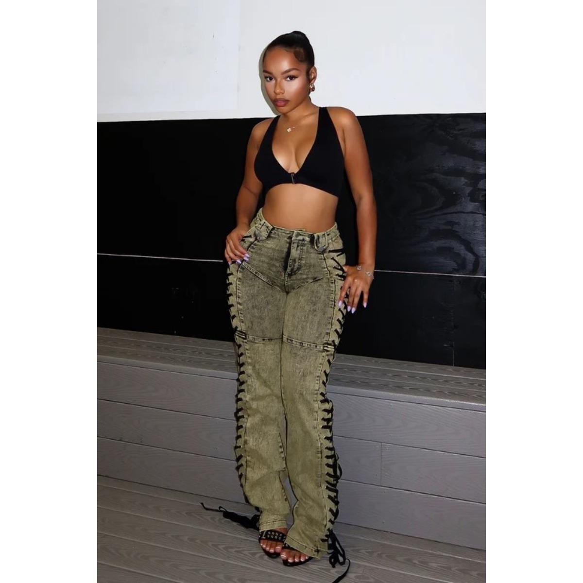 Women s Mid Rise Flared Jeans Slim Fit Lace Up Denim Pants Streetwear Sexy Distressed Long Denim Trousers S