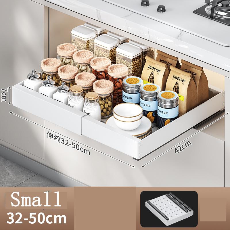 

Выдвижная корзина для хранения в шкафу, регулируемая ширина, установка без сверления, подходит для кухни, кладовой, ванной комнаты, органайзер-полка