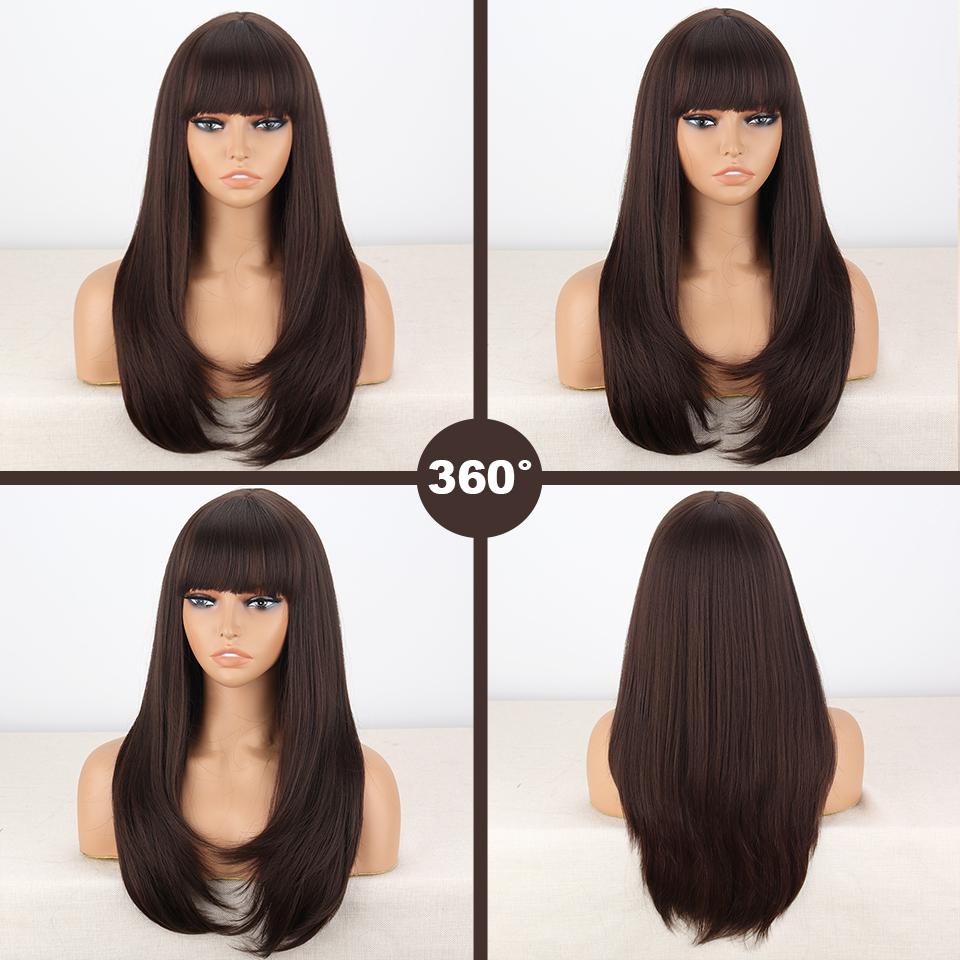 LISI HAIR Dámská přírodní rovná hnědá paruka s ofinou Syntetické vlákno Přírodní vlnitá vrstvená paruka Cosplay Denní nošení