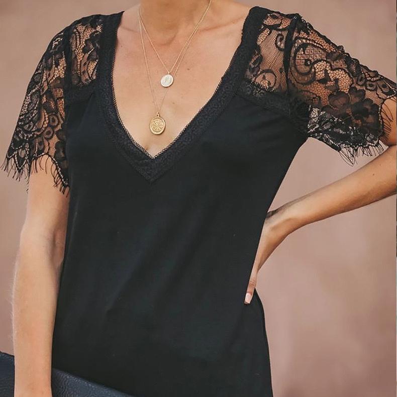 

Летняя женская футболка с v-образным вырезом и кружевным топом с короткими рукавами и перьями S чёрный