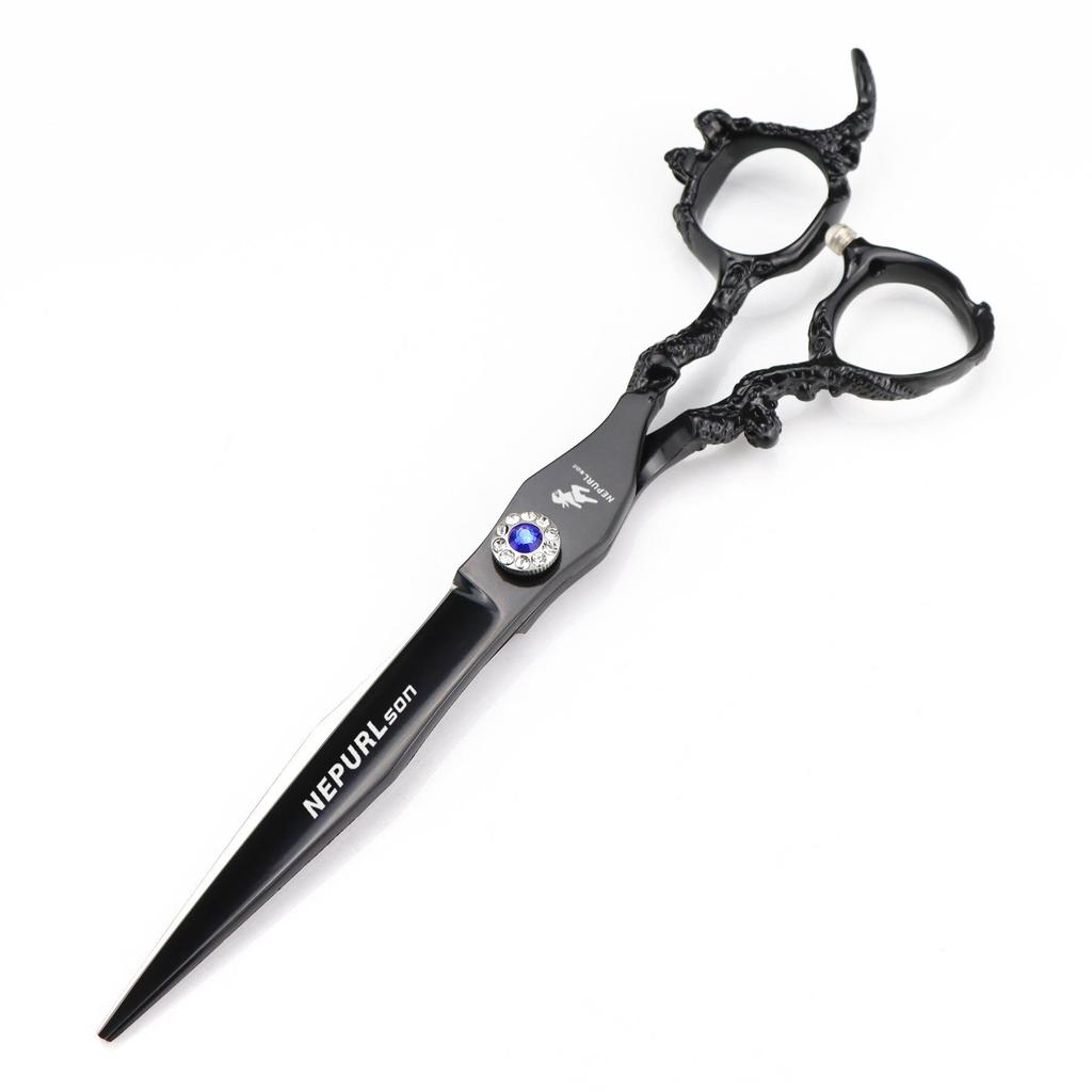 7" Black Dragon Handle Hairdressing Scissors - High-End Straight Shears for Pet Grooming
