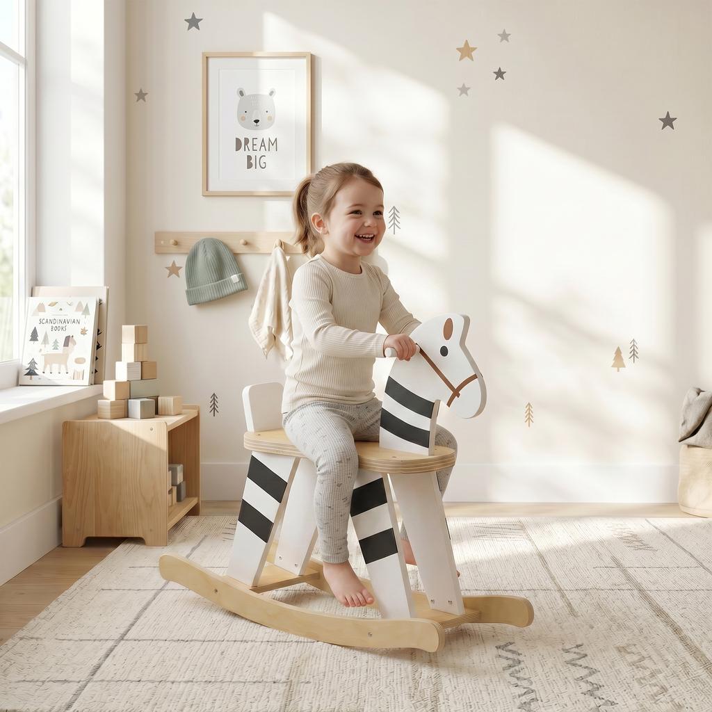 Rocking Horse for Children, Wooden Base, Backrest, Ages 18 Months-3 Years, Black and White