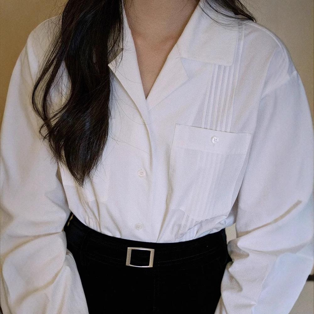 Washed cotton Cuban collar commuter white shirt women's spring organ pleated niche temperament long-sleeved shirt