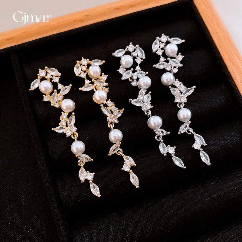Silver needle rice artificial pearl zircon wheat ear fringed stud earrings temperament earrings earrings