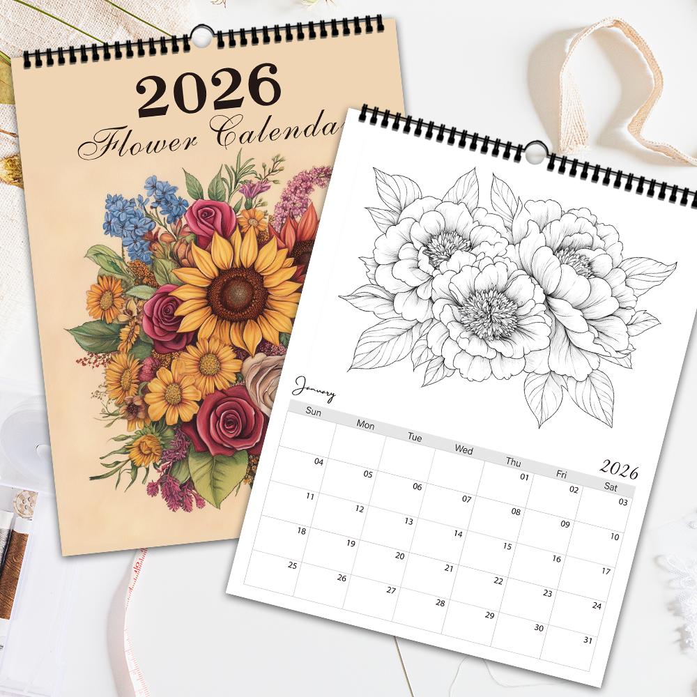 1pc 2026 Hanging Calendar,Floral Coloring Calendar, DIY, Christmas Gift, 12 Beautiful Designs, Perfect for Birthdays & New Year