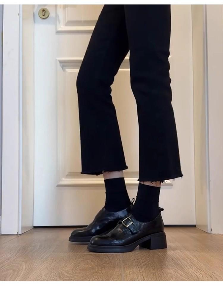 Dames Vaskbare Britisk Retro Ekte Skinn Chunky Hæl Loafers