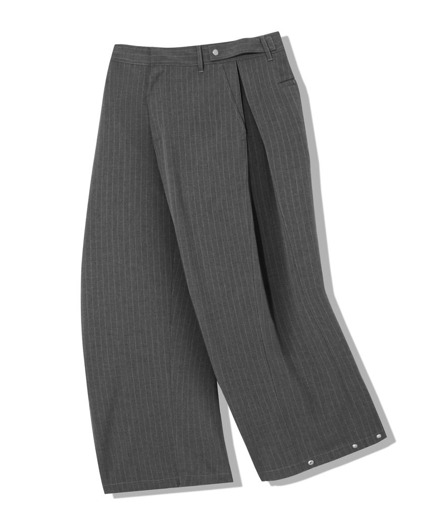 TRILLION Striped Side Pleat Snap Button Wide Slacks_Gray