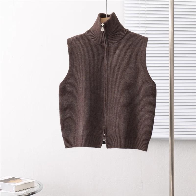 

Ретро воротник стойка камзол вязаный женский жилет весна осень свободный без рукавов свитер на молнии кардиган XL кофейный