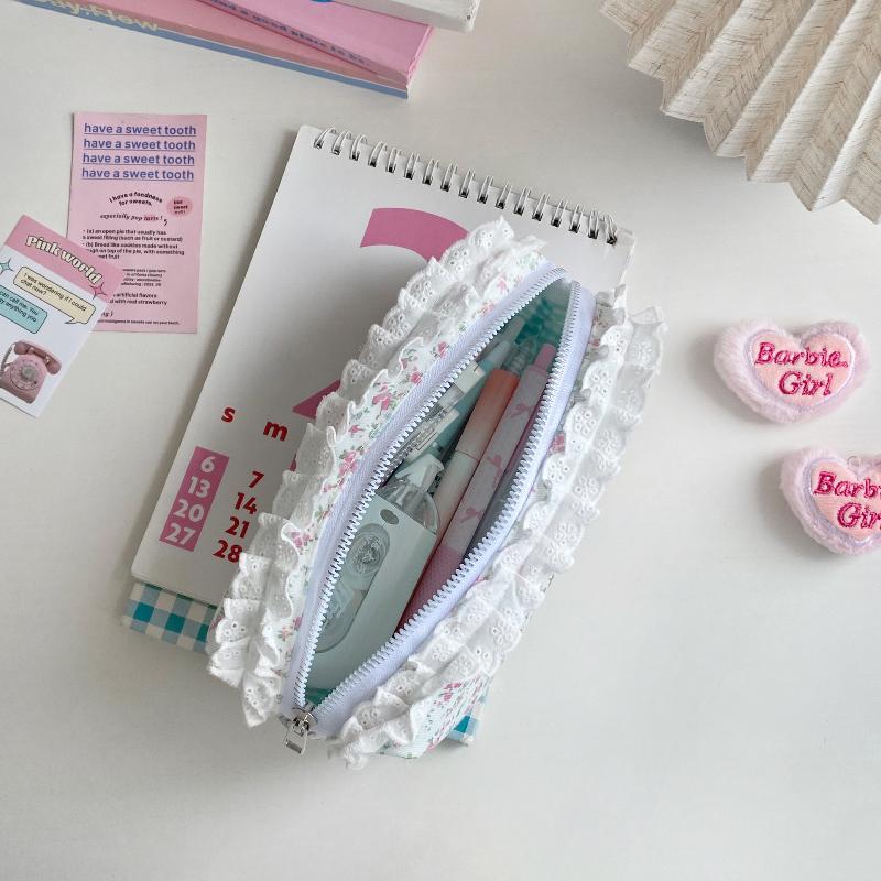High Quality Lace Floral Pattern Pen Bag Zipper Design Large Capacity Pencil Case Stationery Organizer School Office