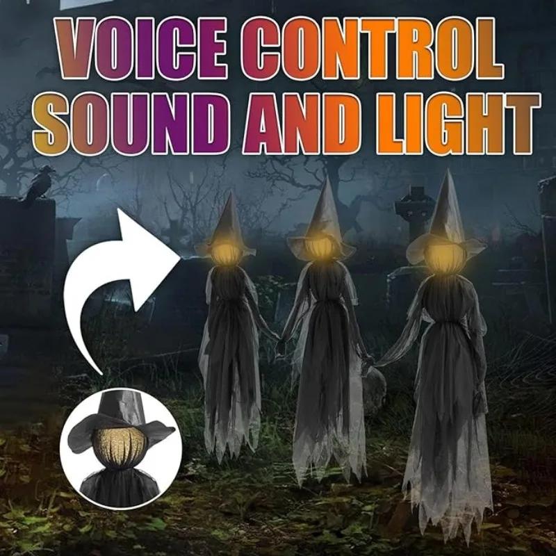 3PCS Halloween Colourful Glow Three Hand-Holding Witches Sound-activated Hand-holding Witch Halloween Light Up Decoration Props