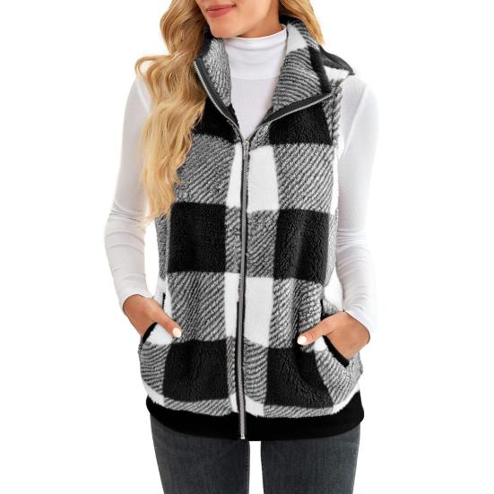 Frauen Herbst Winter Weste Mantel Ärmellos Stehkragen Dicker Plüsch Nackenschutz Reißverschluss Strickjacke Farblich Passende Plaid Taschen Dame Weste