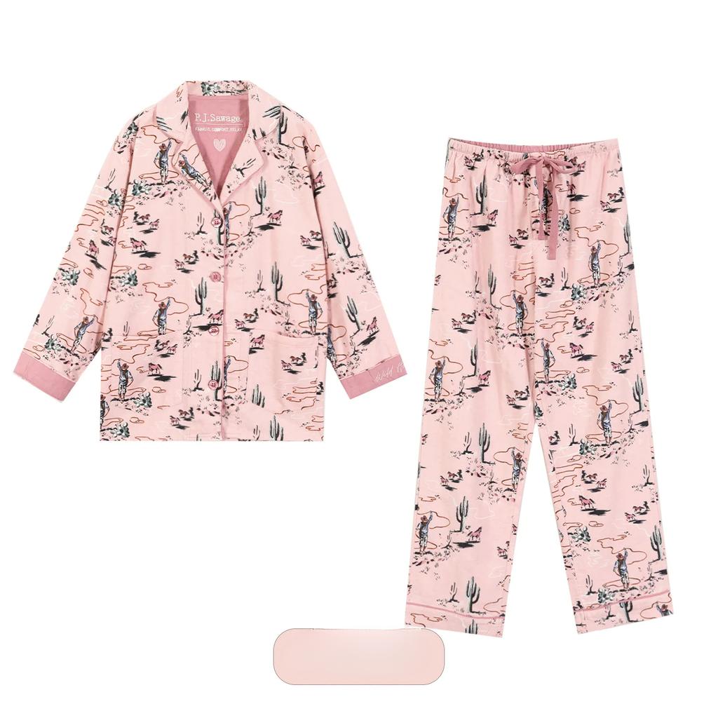 Women's Cotton Print Autumn Winter Long Sleeve Ladies Sleepwear 2 Pcs with Pant Turn Down Collar Single Breasted Loungewear