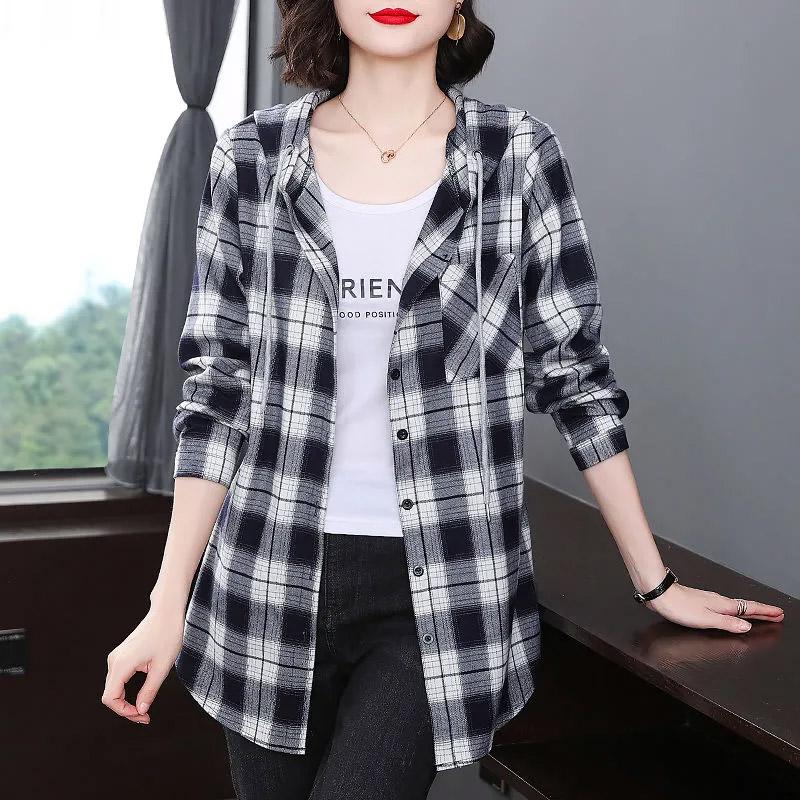 Košile Dámská bavlněná kostkovaná košile s kapucí s dlouhým rukávem Top Volné Peplum Běžné Košile s dlouhým rukávem