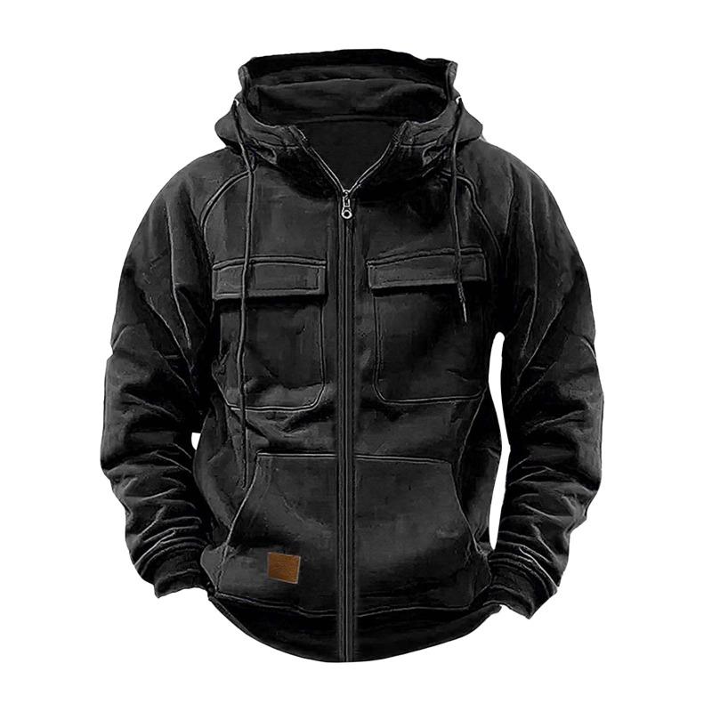 New Autumn Winter Men's Hooded Solid Color Sweatshirt European American Youth Sports Multi-pocket Leather Jacket