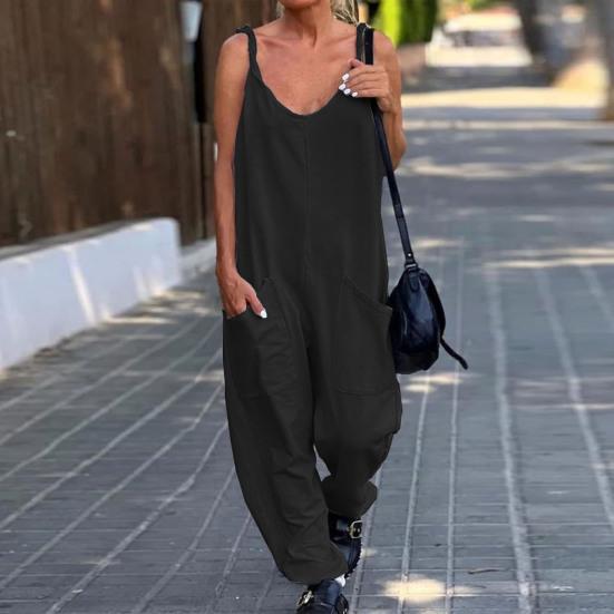 Kvinnor Sling V-ringad Ärmlös Jumpsuit Stora fickor Breda ben Enfärgade Tunn Playsuit Haklapp Overall Streetwear