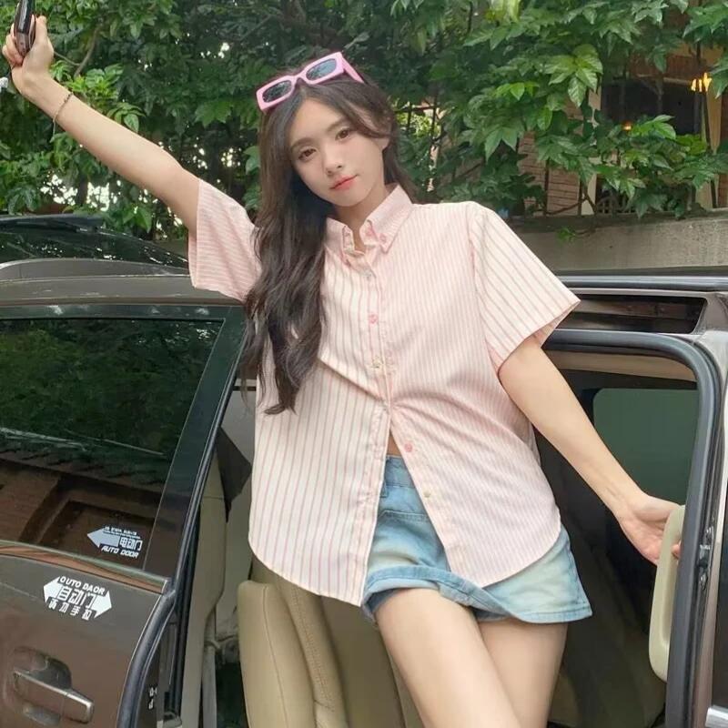 

Женские разноцветные рубашки в розовую полоску с пуговицами, летние блузки с короткими рукавами в стиле колледжа, свободные женские блузки с лацканами XXL розовый