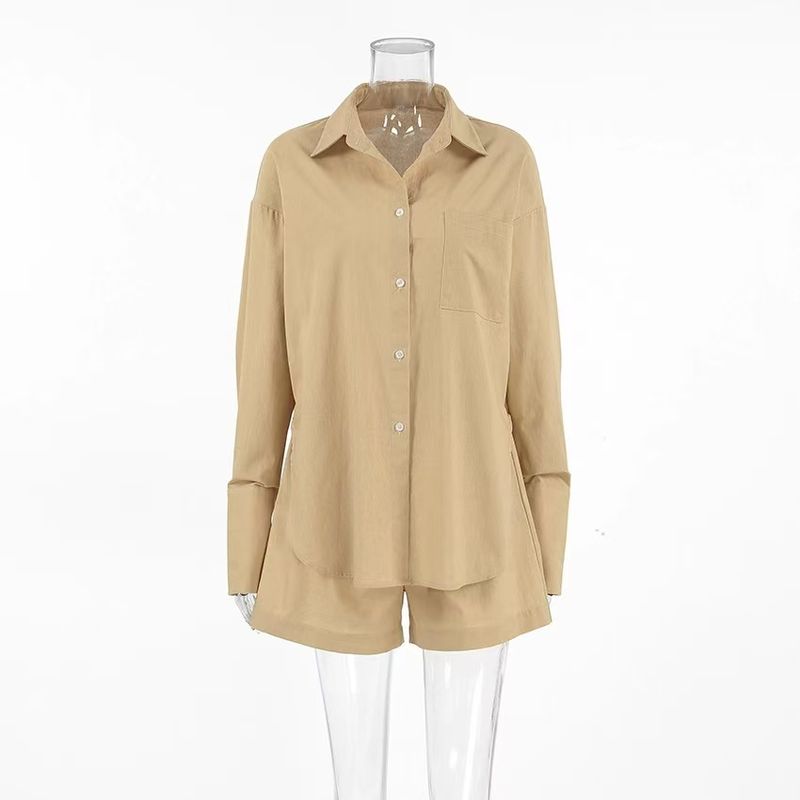 

Fashion New Arrival Cotton Linen Lapel Single Breasted Shirt Shorts Suit Loose Shirt and Shorts Set Khaki L