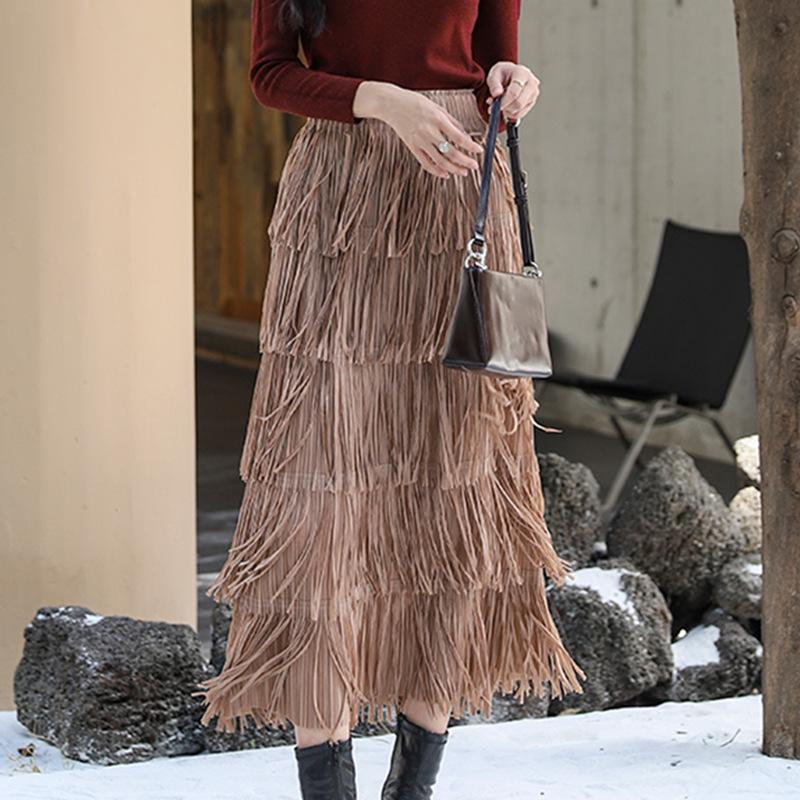 

2024 Rose Red Tassel Skirt: Elegant High Waist Slimming Design for European and American Holiday Style One Size чёрный