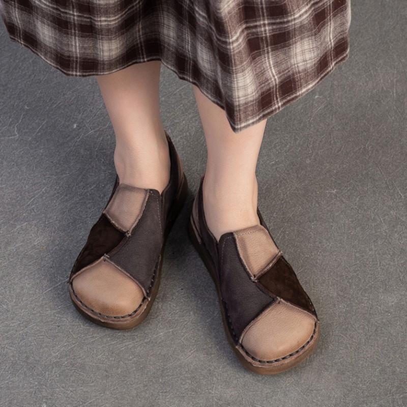 Johnature Retro Mixed Colors Soft Soled Flats Genuine Leather Comfortable Round Toe Women's Slip-on Shoes
