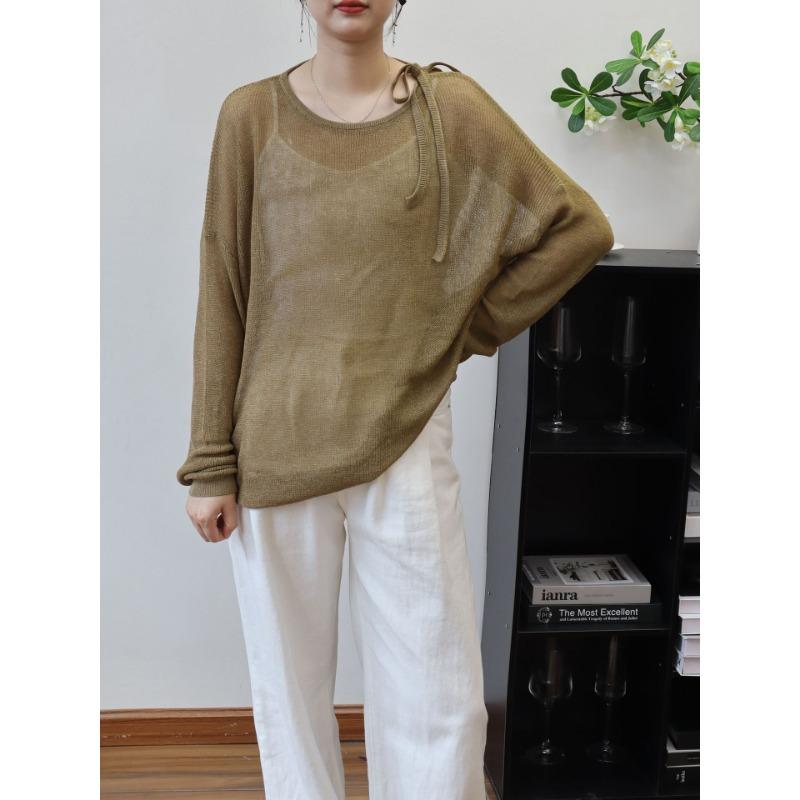 

Ранняя осень новый тонкий трикотажный свитер с круглым вырезом топ дизайн со шнуровкой солнцезащитный кондиционер блузка пуловер женщина One size зелёный