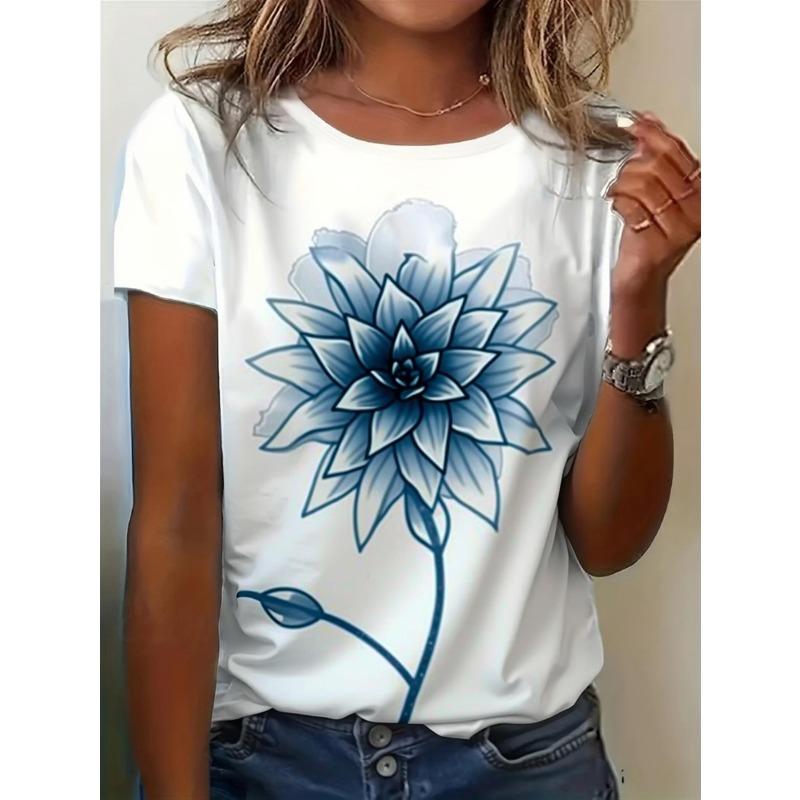 

Women S White Round Neck T-Shirt Print - Loose Fit Smooth Texture Graphic Tee,Casual Top, Breathable Round Neck Shirt 4XL білий