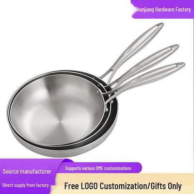 304 Stainless Steel Non-Stick Three-Layer Wok Frying Pan, Thickened, No Coating, Flat-Bottom, Household Use.