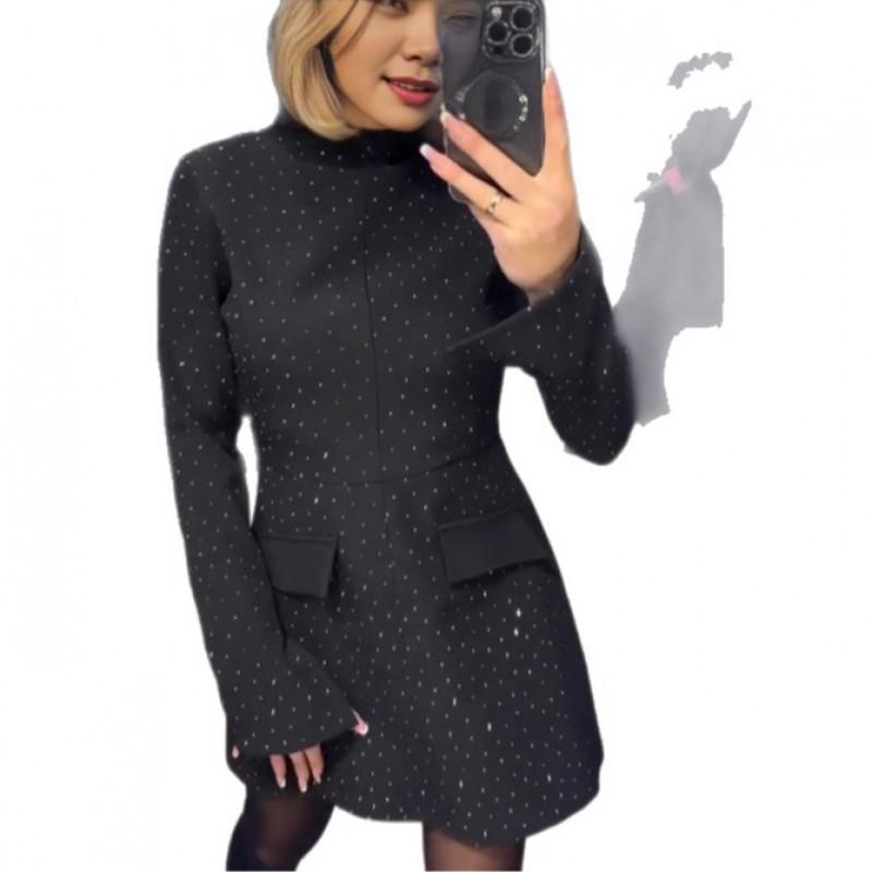 Womens Slim Fit Knit Dress With Rhinestone Embellishment Round Neck Long Sleeve Bodycon Midi Office Casual Wear