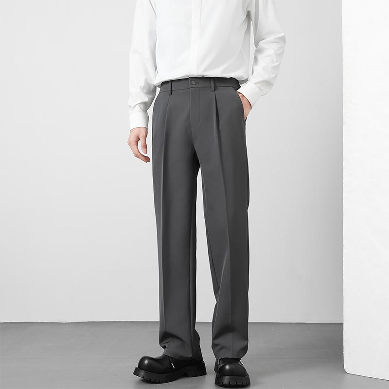 Men's Loose Suit Pants Classic Straight Solid Color Drape Elastic Business Office Worker Casual Trousers Brown Khaki Gray