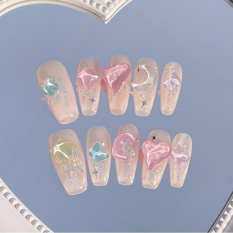 Handmade Press-On Nails Sweet Candy Color Ice-Transparent Mocha Rhinestone Nail Tips Women