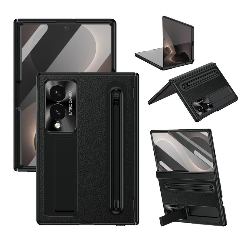 Plating Leather Phone Case For Samsung Galaxy Z Fold 8 Wide 7 6 5 4 TriFold Luxury Hidden Bracket Cover with Pen Slot & S Pen Screen Protector Film