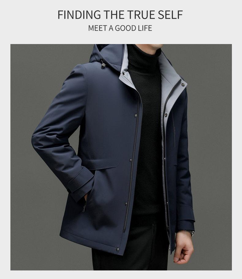 Men's Mid-Length Hooded Detachable Down Jacket - Thick, Warm Outerwear