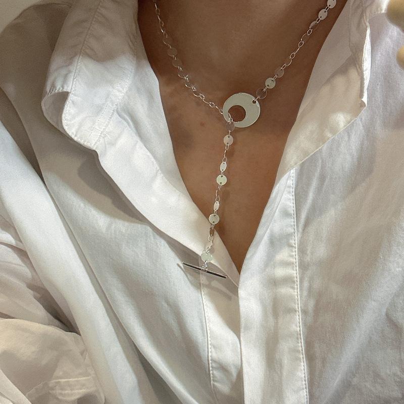 S925 Sterling Silver Niche Design Disc Sparkling Necklace Blogger Collarbone Chain