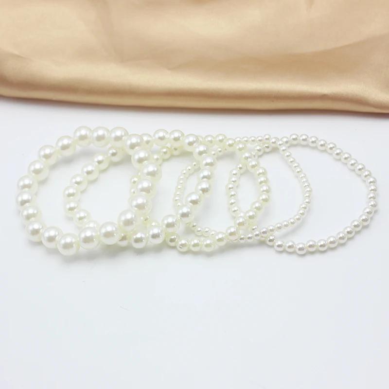 4-10mm Beige Imitation Pearl Beads Free Adjust 18cm Girth Elastic Bracelet for Women Various Sizes Wedding Gift