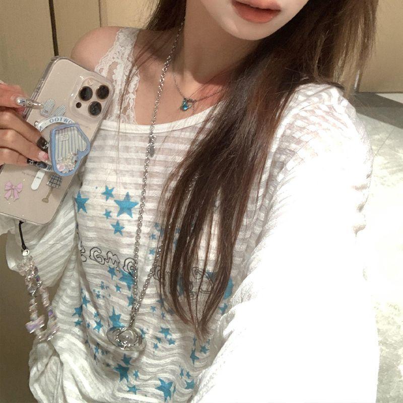 Women's Cold Shoulder Striped Star Print Long Sleeve Loose Blouse