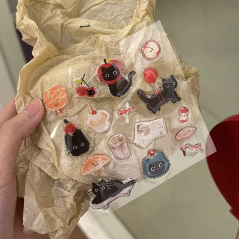 1 Blatt 3D Epoxidharz Transparente Aufkleber Ins Niedliche Schwarze Katze Cartoon Gelee Relief Aufkleber DIY Handyhüllen Laptop Tablet Deko