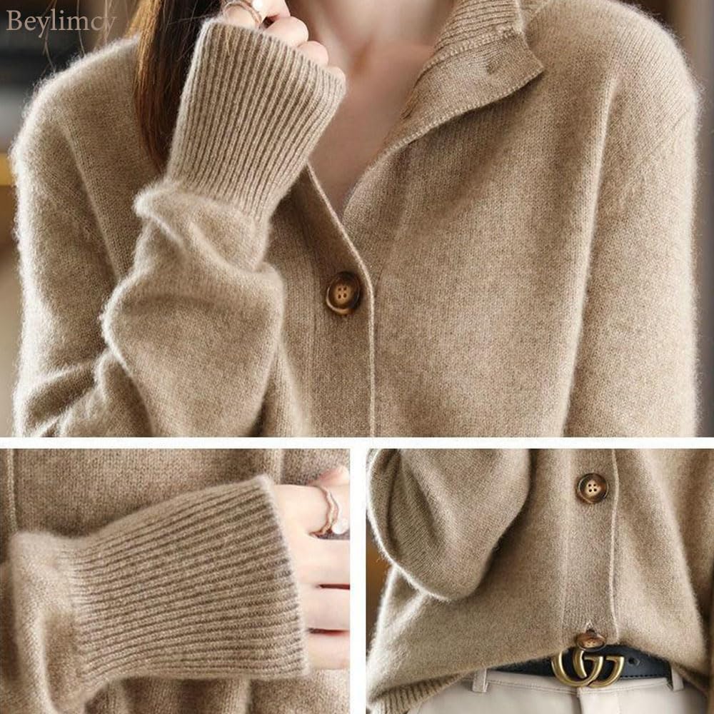 Beylimcy Knit Bey56 Women's Cardigan, Slimming, Stylish, Warm, Fluffy, Simple, Autumn/Winter Top, (JP, Alphabet, L, Beige)