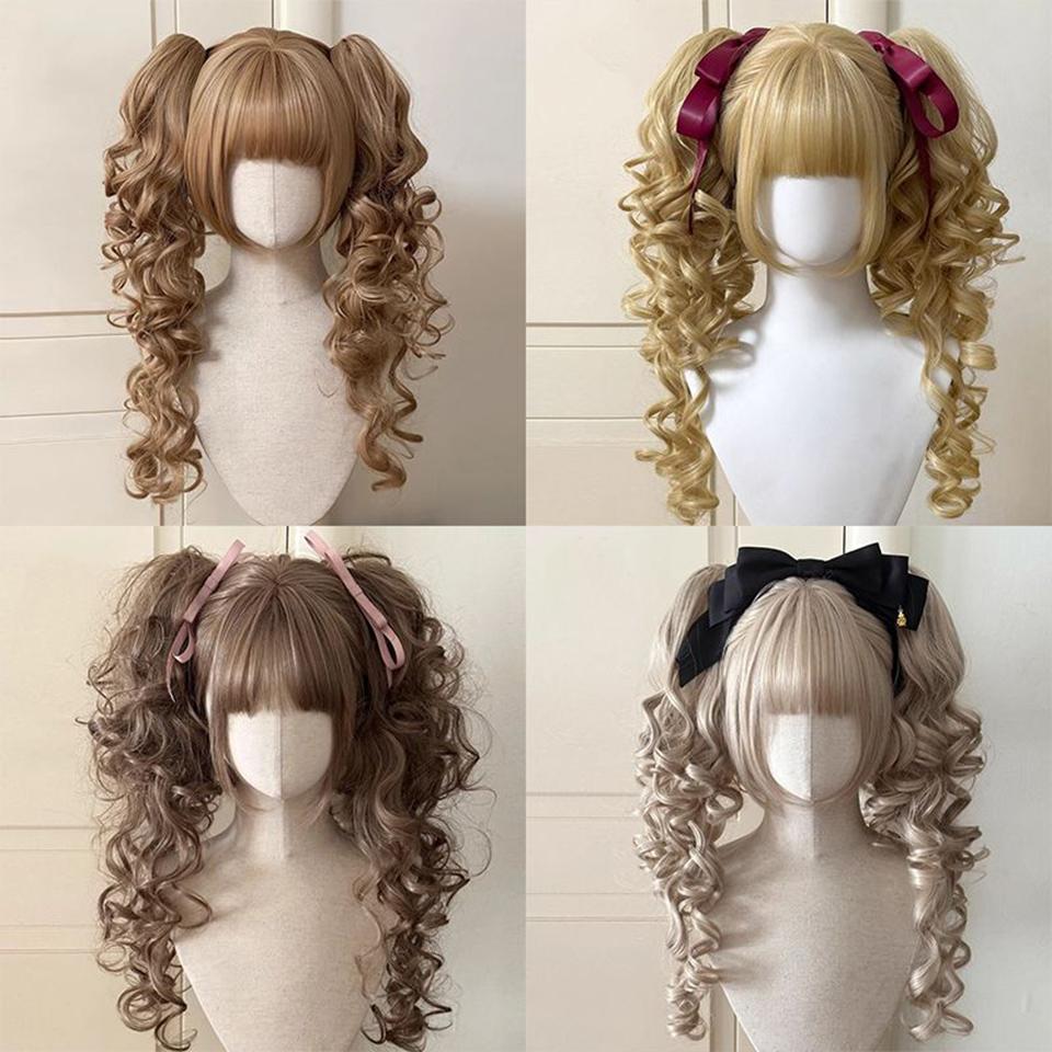 Synthetic Princess Cut Double Ponytail Lolita Wig with Bangs Girl Ombre Blonde Brown White Gray Cosplay Halloween Harajuku Wig