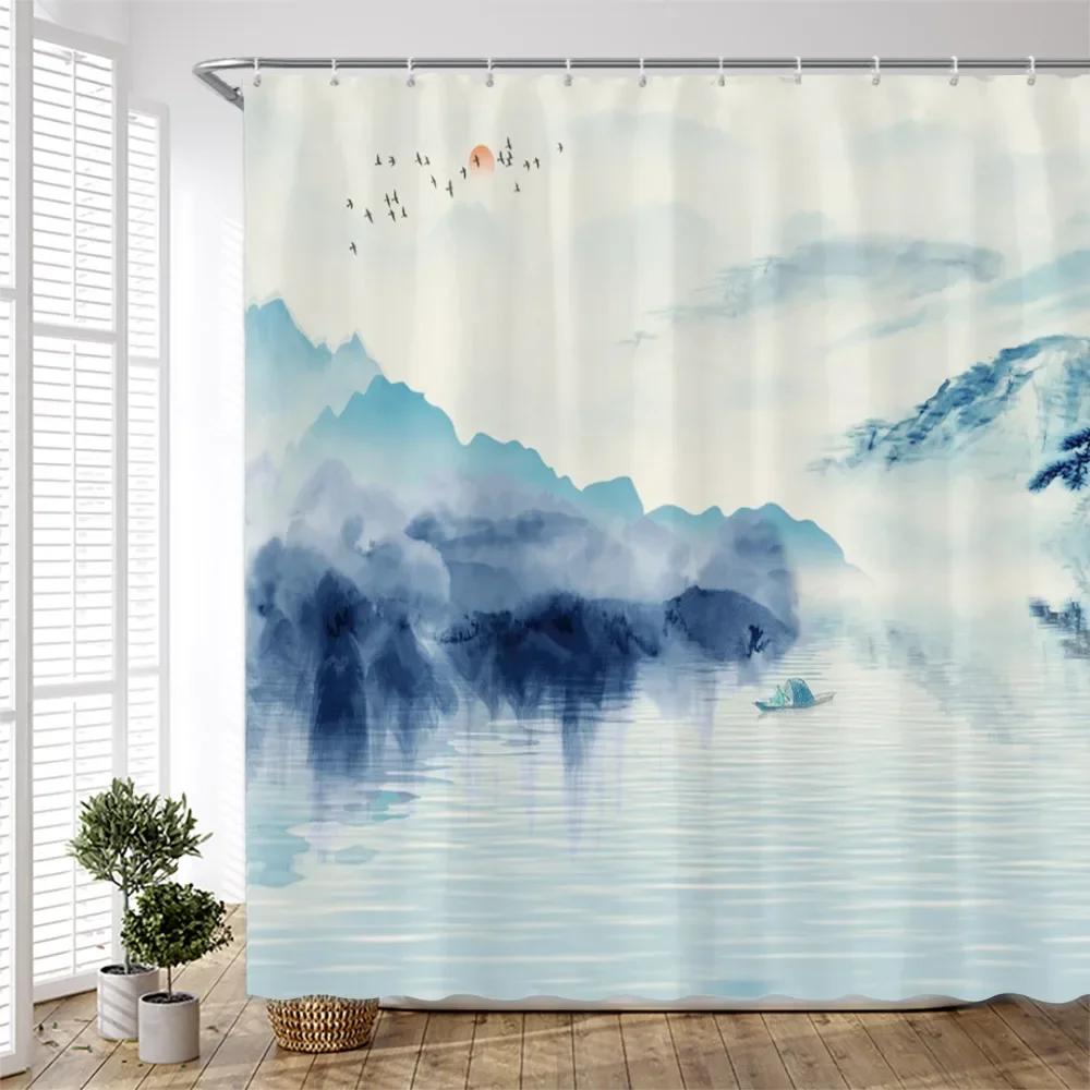 3D Chinese Painting Shower Curtain Aesthetic Abstract Creative Ink Landscape Scenery Bathroom Decor Bath Curtain Set with Hook