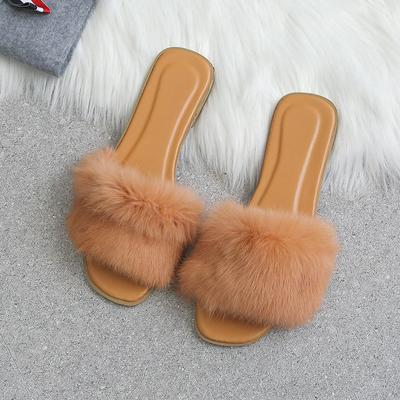 Zapatillas de Verano de Piel Sintética para Mujer para Interior, Sandalias Planas de Felpa para Mujer, Chanclas de Felpa para Casa, Casuales, Esponjosas
