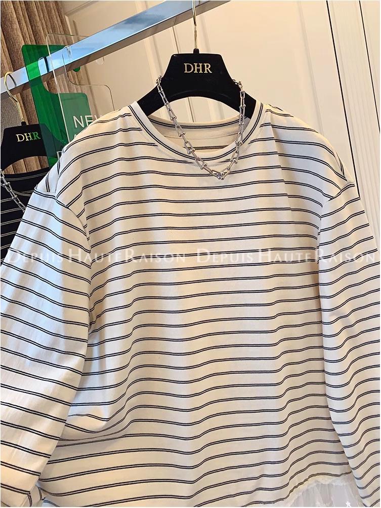 Korean-Style Striped Lace Trim Fake Two-Piece Long-Sleeve Women's T-Shirt