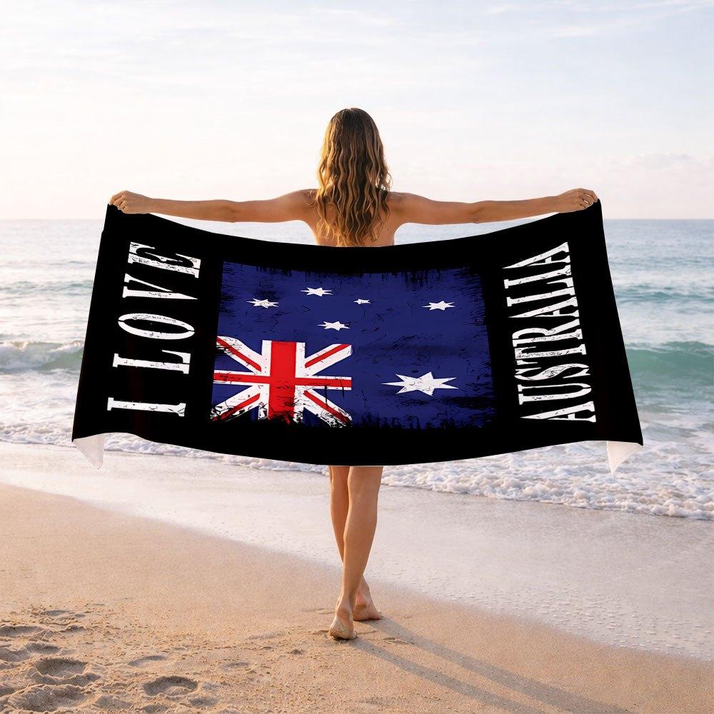 1PC Trendy I Love Australia Flag Beach Towel, Portable Blanket for Swimming Travel Fitness Beach Activities
